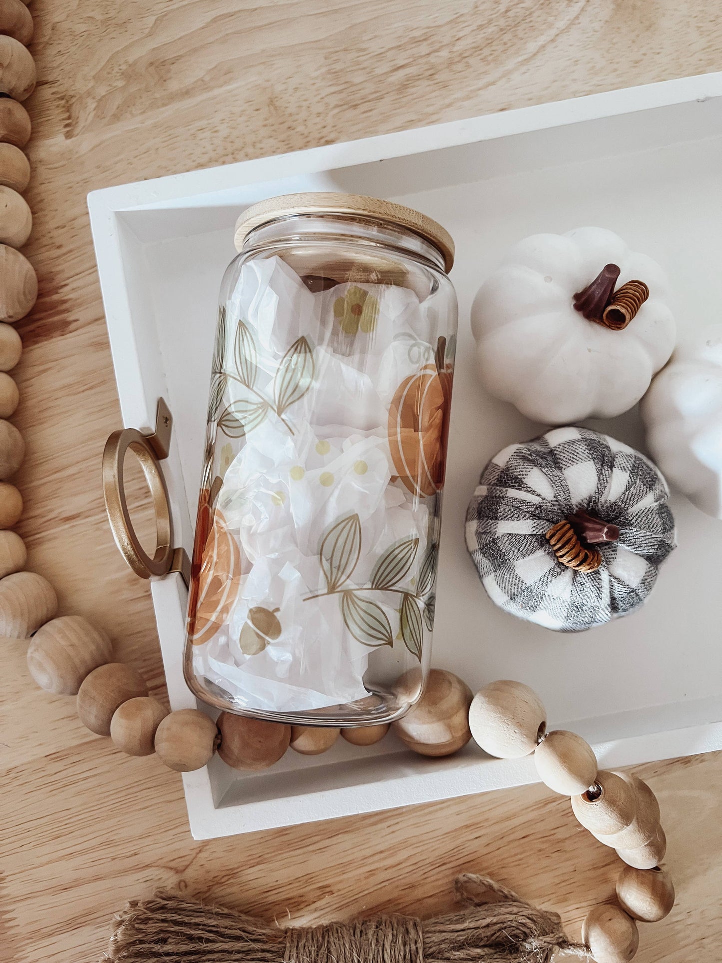Pumpkins 16 oz Glass Cup with Bamboo Lid