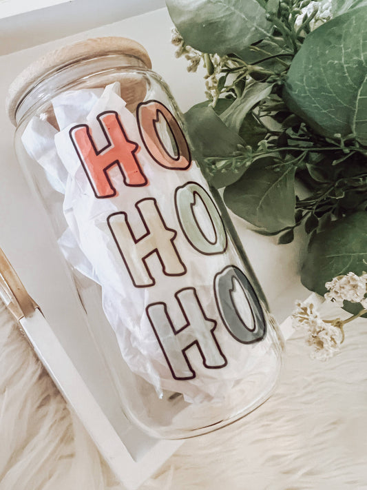 Ho Ho Ho 16 oz Glass Cup with Bamboo Lid