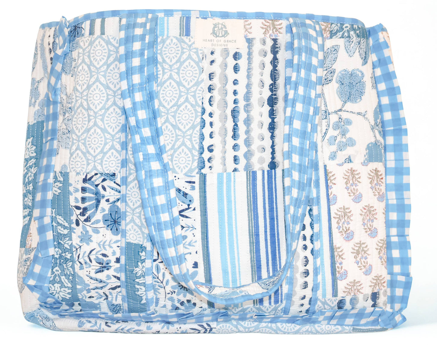 Heart of Grace Bleu Chapelle | Large Quilted Ruffle Tote Bag