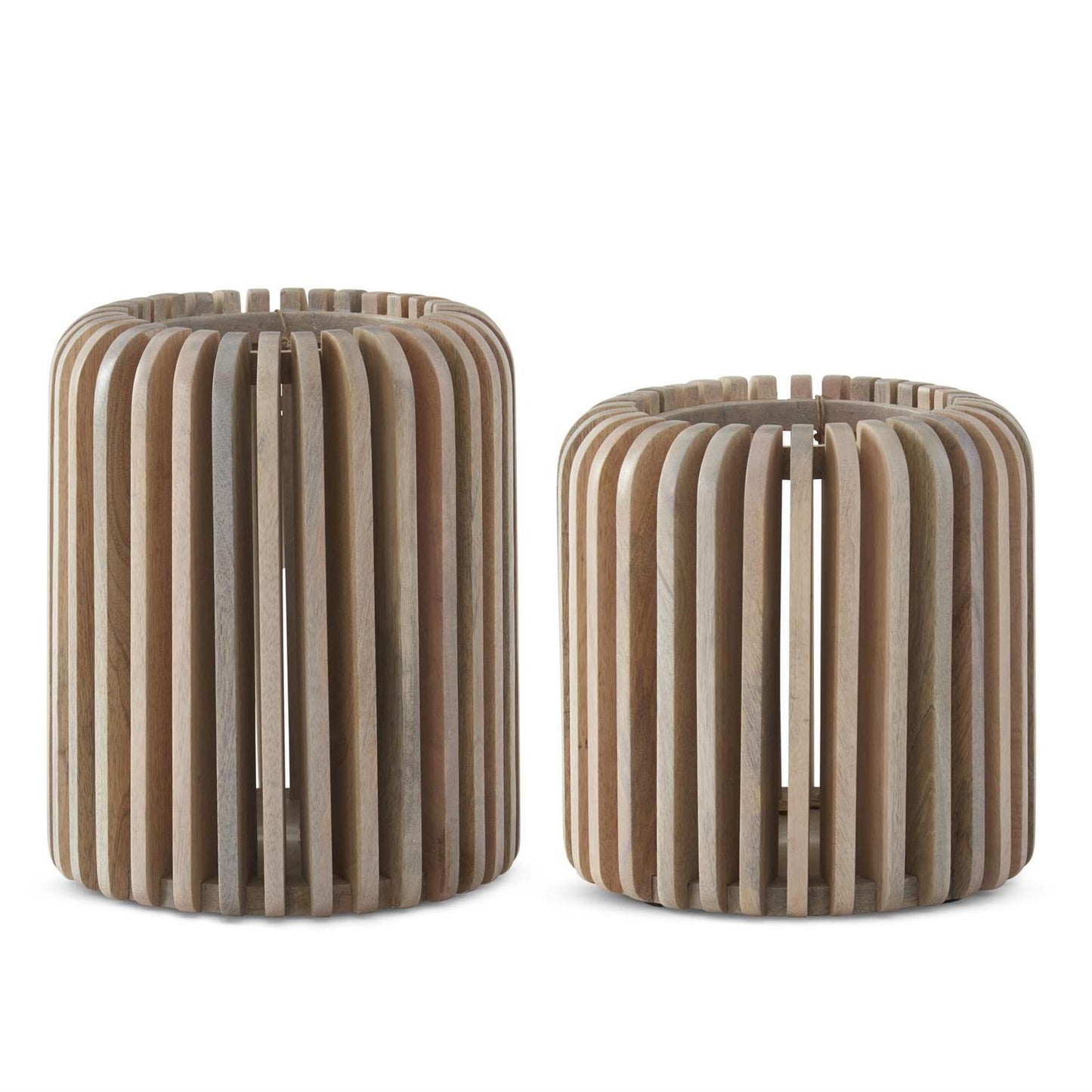 K&K Whitewashed Round Wood Slat Containers, Set of 2