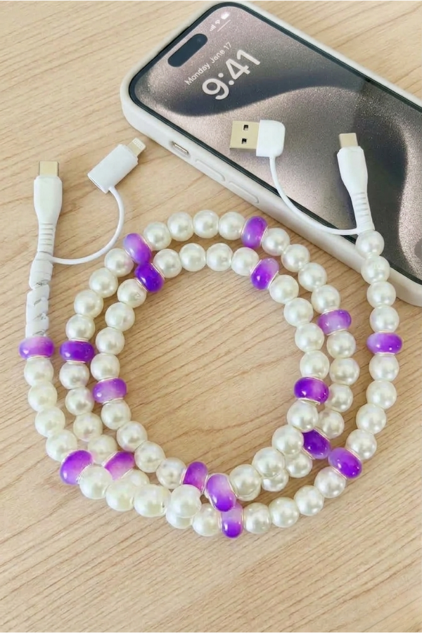 Nash Grey Purple and White Pearl Beaded Charging Cord