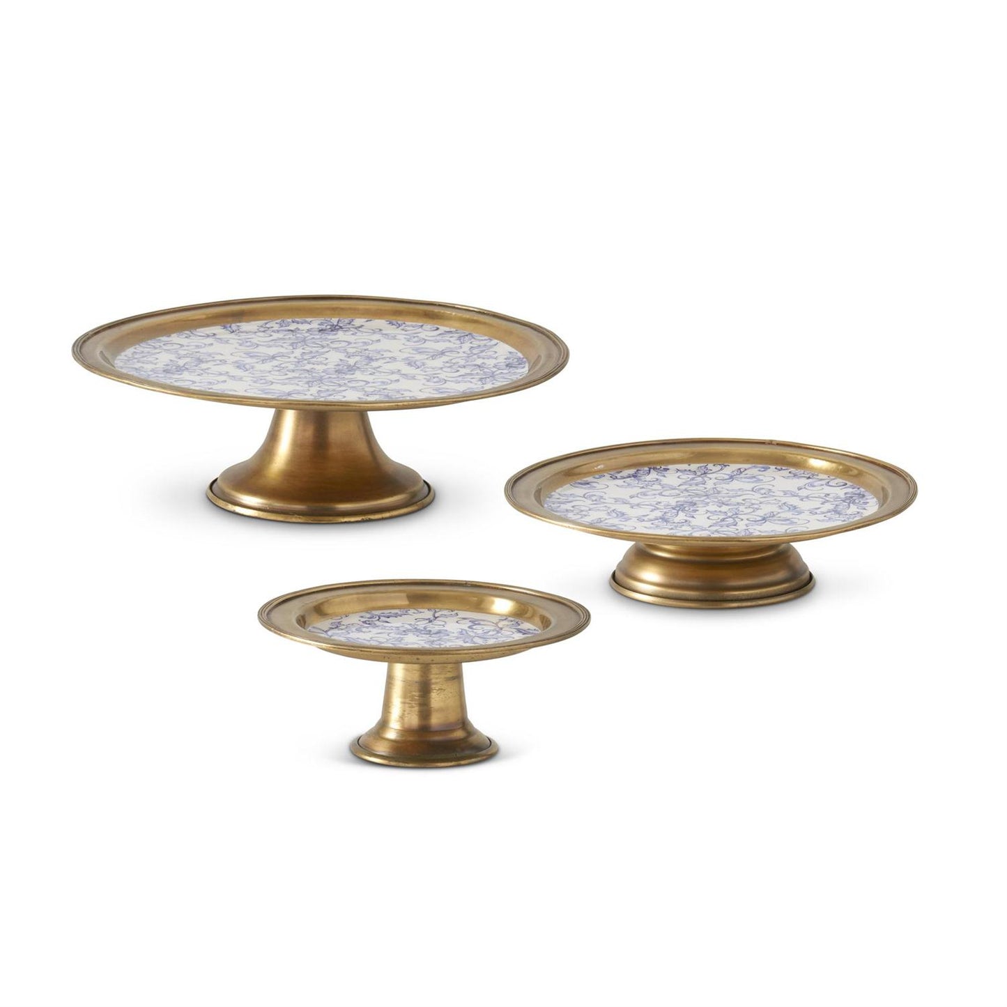 K&K Brass Metal and Blue Floral Cake Stand/Risers, Set of 3