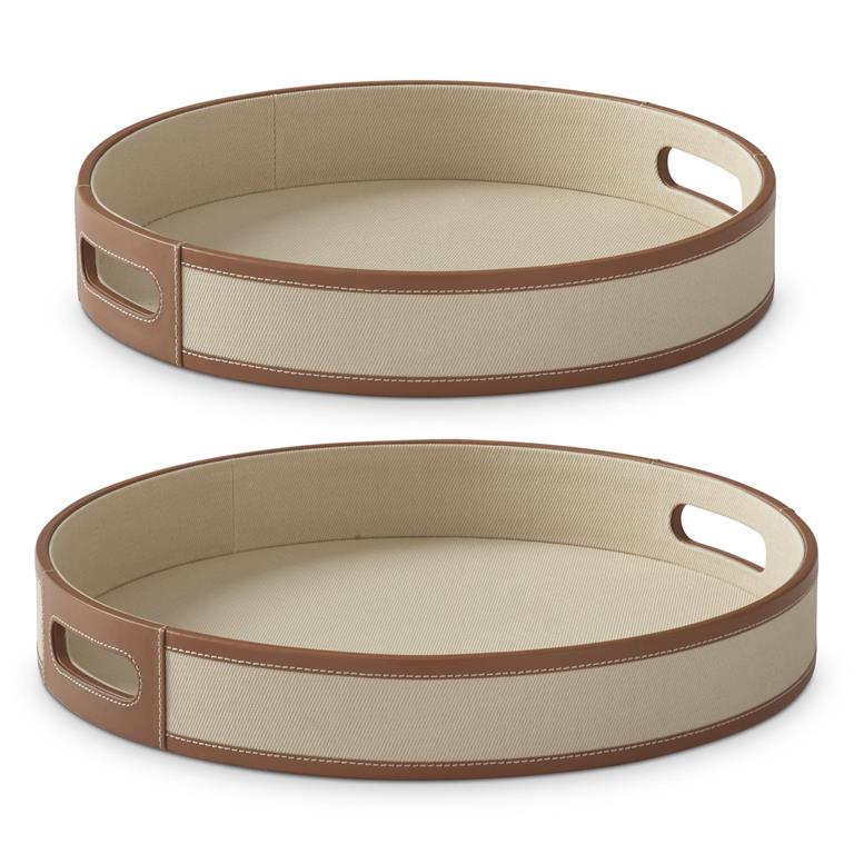 K&K Beige Canvas w/Tan Leather Trim Round Trays, Set of 2