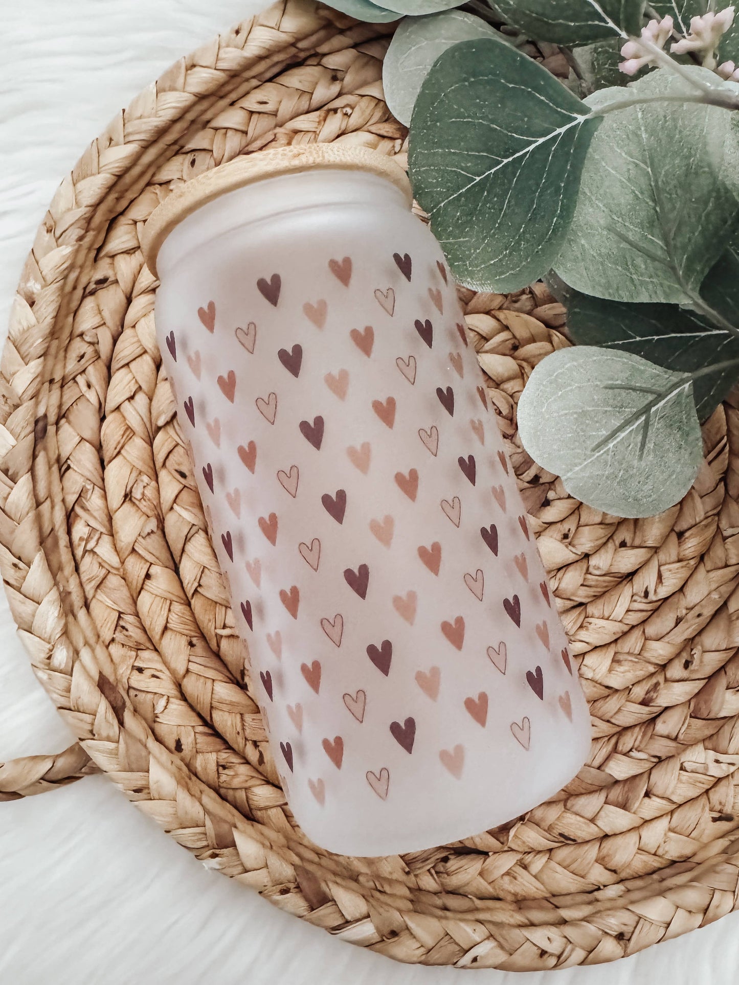 Mini Boho Hearts 16oz Glass Cup with Bamboo Lid