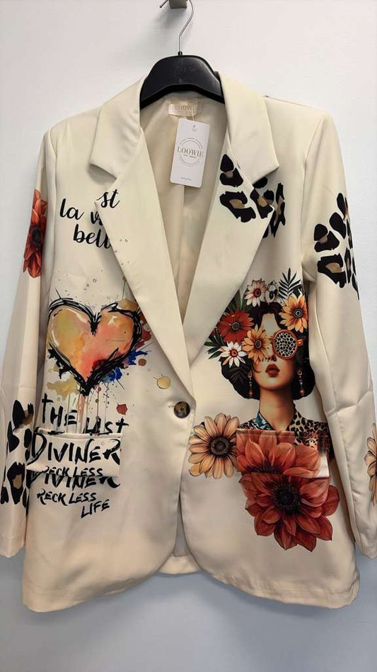 LOOWIE Italian Pop Art "FRIDA" Print Blazer, One Size