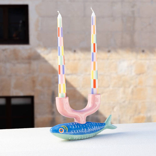 Talking Tables Multi-colored Check Taper Candles - 2 Pack | Picnic Decor |
