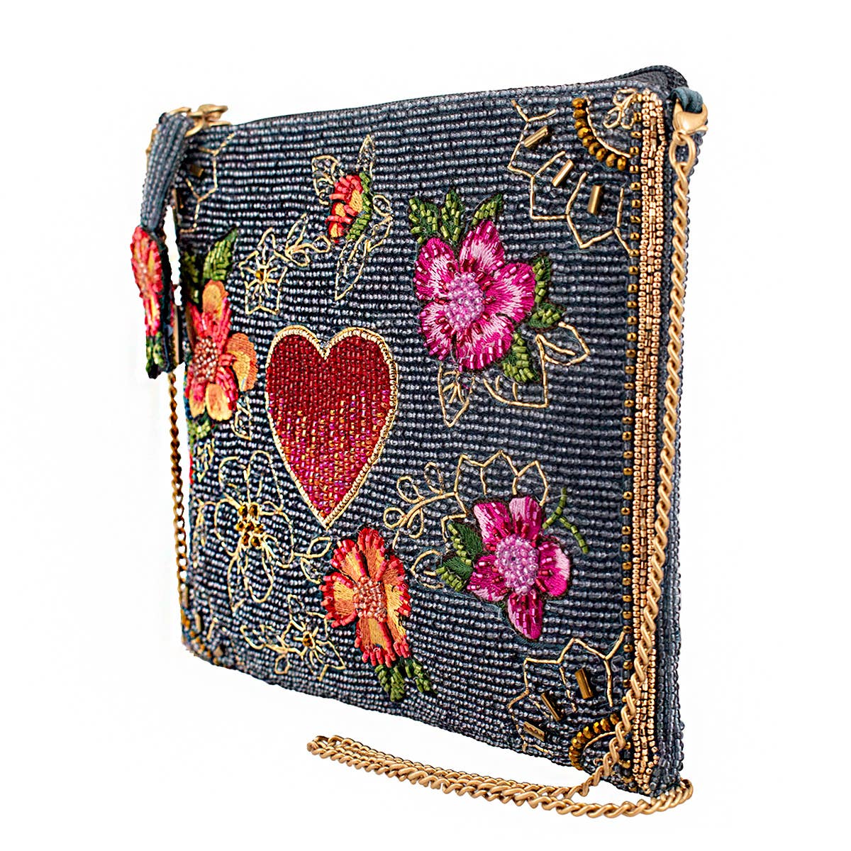 Mary Frances Love In Bloom Red Heart and Flowers on Blue Mini Crossbody