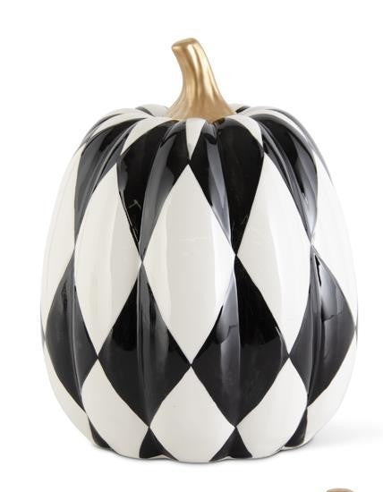 K&K Interiors Ceramic Black & White Harlequin Pumpkins w/Gold Stems, Set of 3
