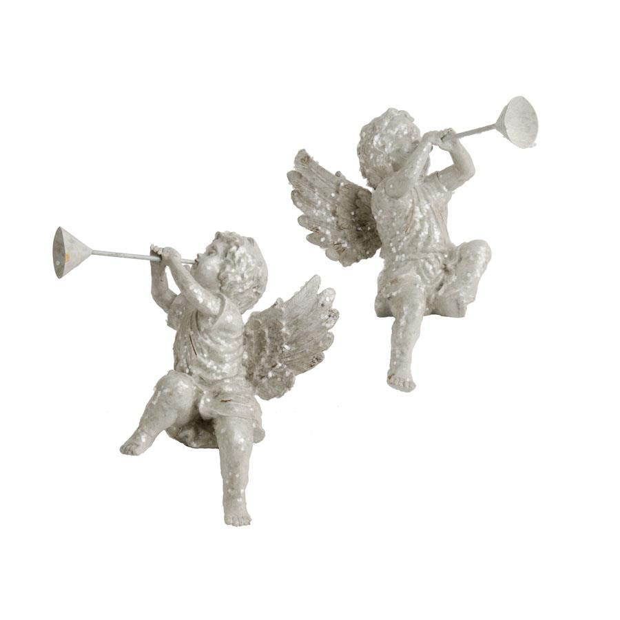 K&K Interiors Sitting White Glittered Resin Cherub Statue, Set of 2