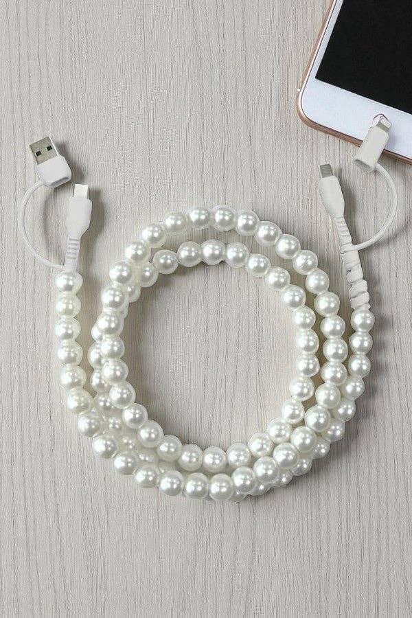 Nash Grey White Pearl Beaded Charging Cord