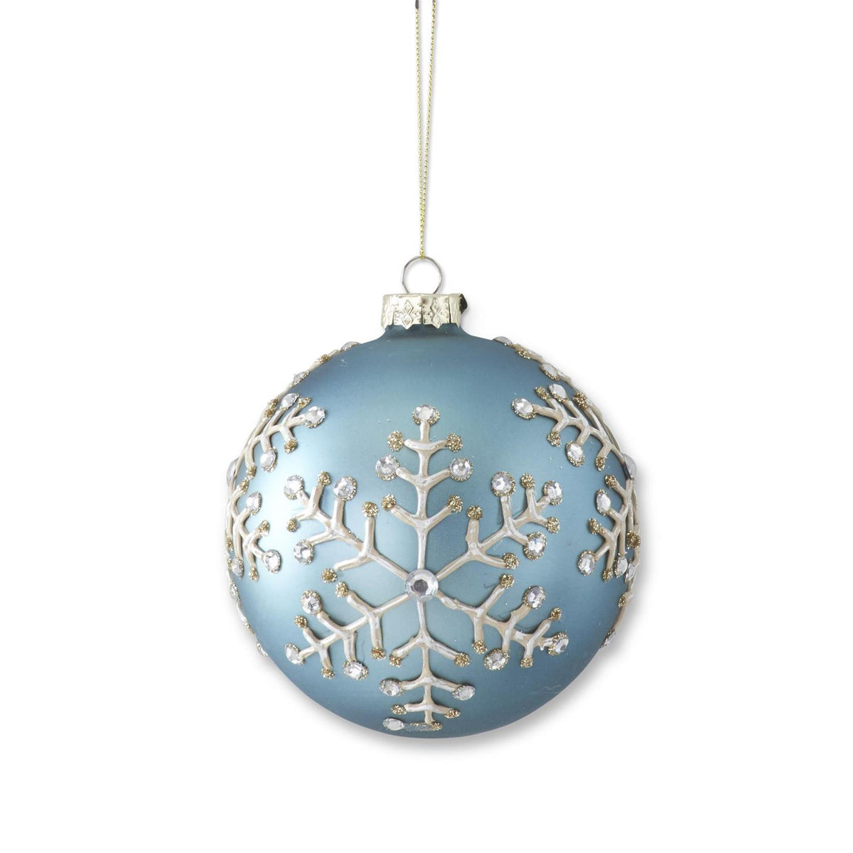 K&K Interiors Light Blue Gold Glittered Silver Jeweled Snowflake Round Ornament, 5.5"