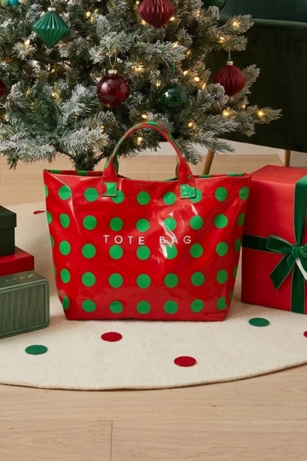 Nash Grey Red and Green Polka Dot Vinyl TOTE BAG