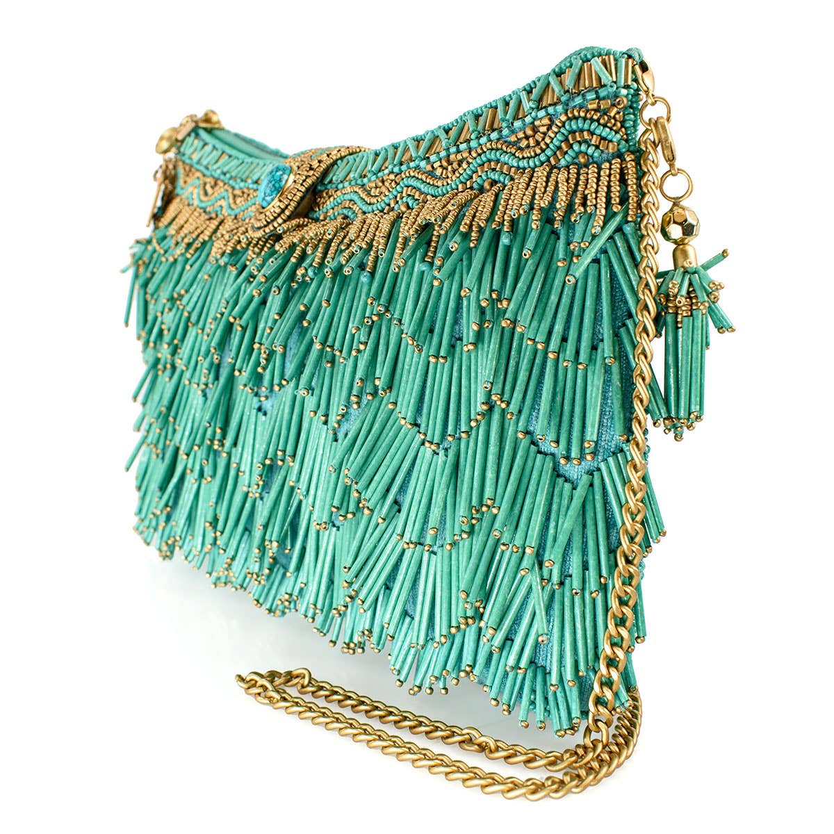 Mary Frances Shimmy, Turquoise Fringe Beaded Crossbody Handbag