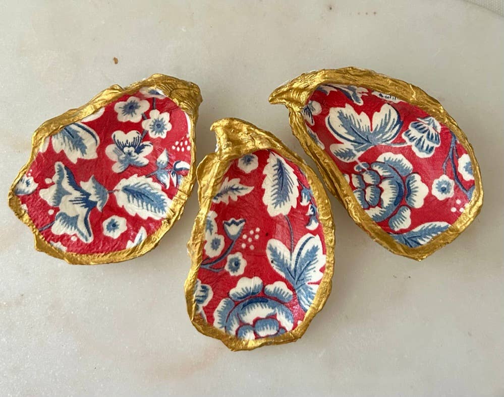 Red White Blue Paisley Oyster Shell Jewelry Dish