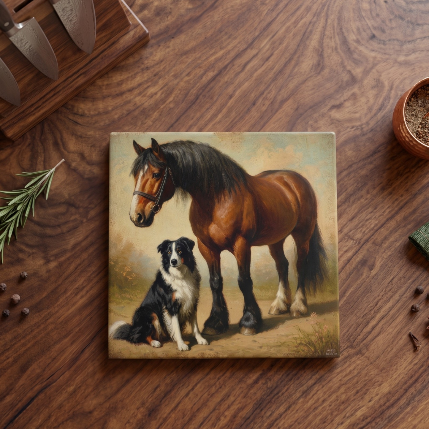 Highland Row Vintage Horse and Dog Ceramic Trivet - Equestrian Farmhouse