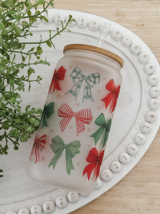 Christmas Bows 16oz Glass Cup with Bamboo Lid