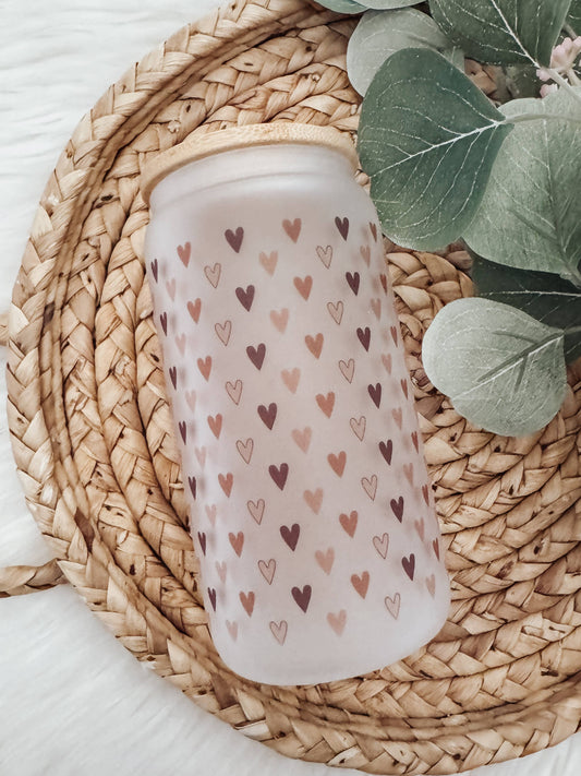 Mini Boho Hearts 16oz Glass Cup with Bamboo Lid