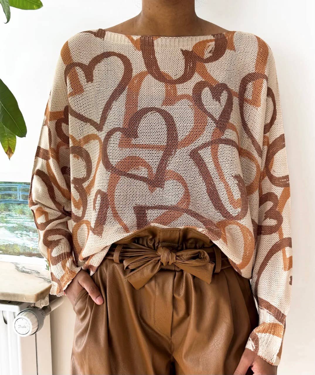 LOOWIE Beige Heart Printed Knitted Sweater, One Size