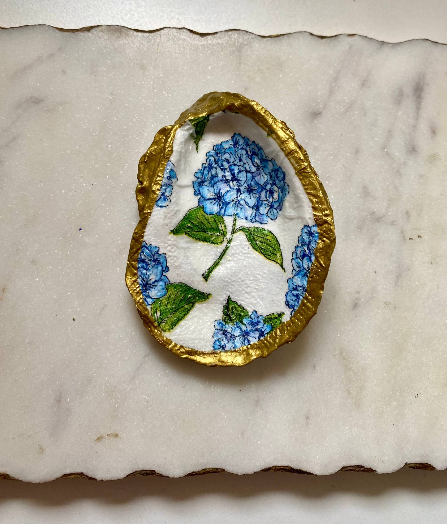 Del Mar Designs- Blue Hydrangea Oyster Shell Jewelry Dish