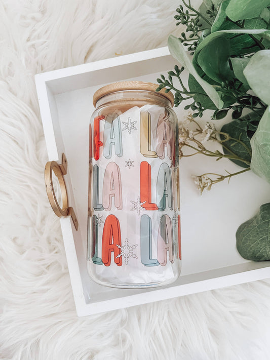Fa La La La 16 oz Glass Cup with Bamboo Lid