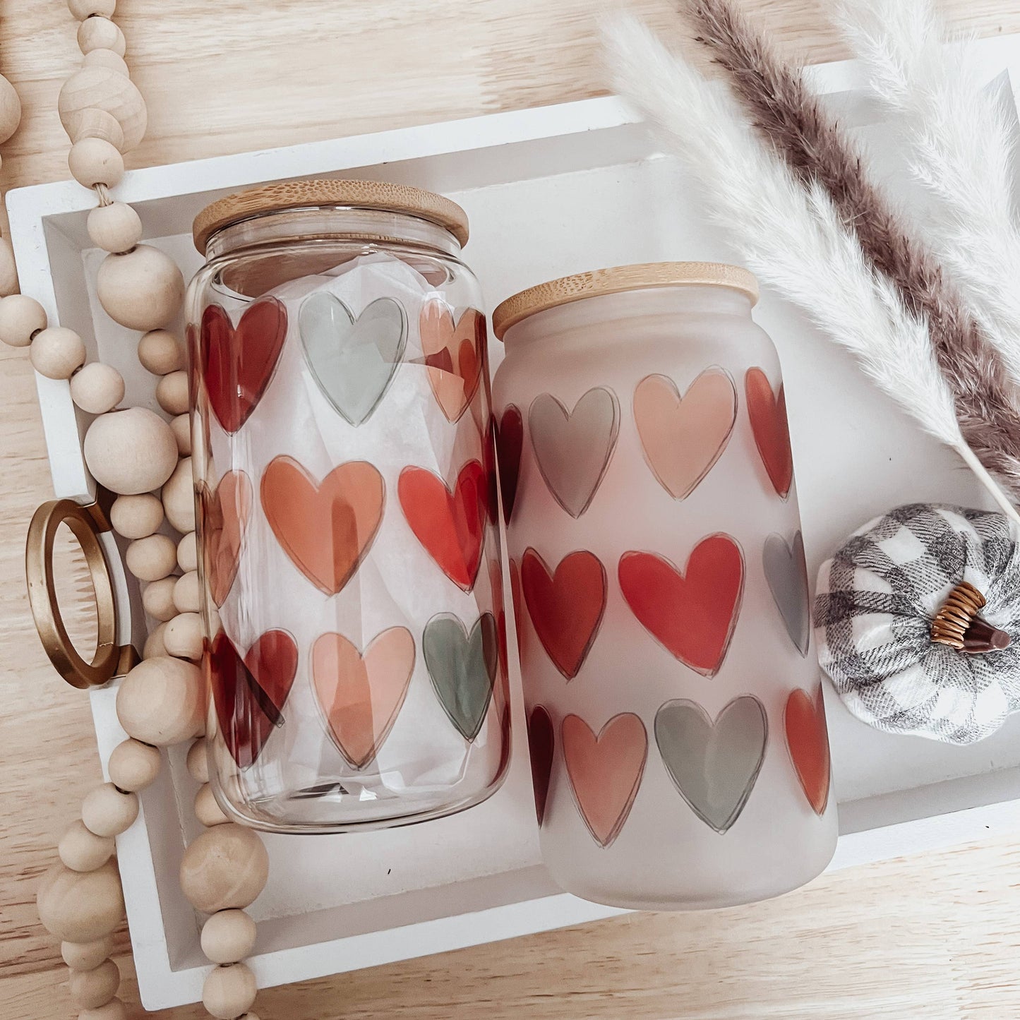 Boho Fall Hearts 16 oz Glass Cup with Bamboo Lid