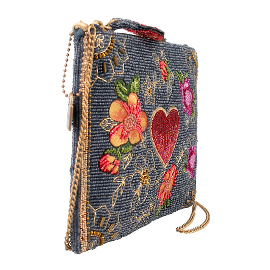 Mary Frances Love In Bloom Red Heart and Flowers on Blue Mini Crossbody