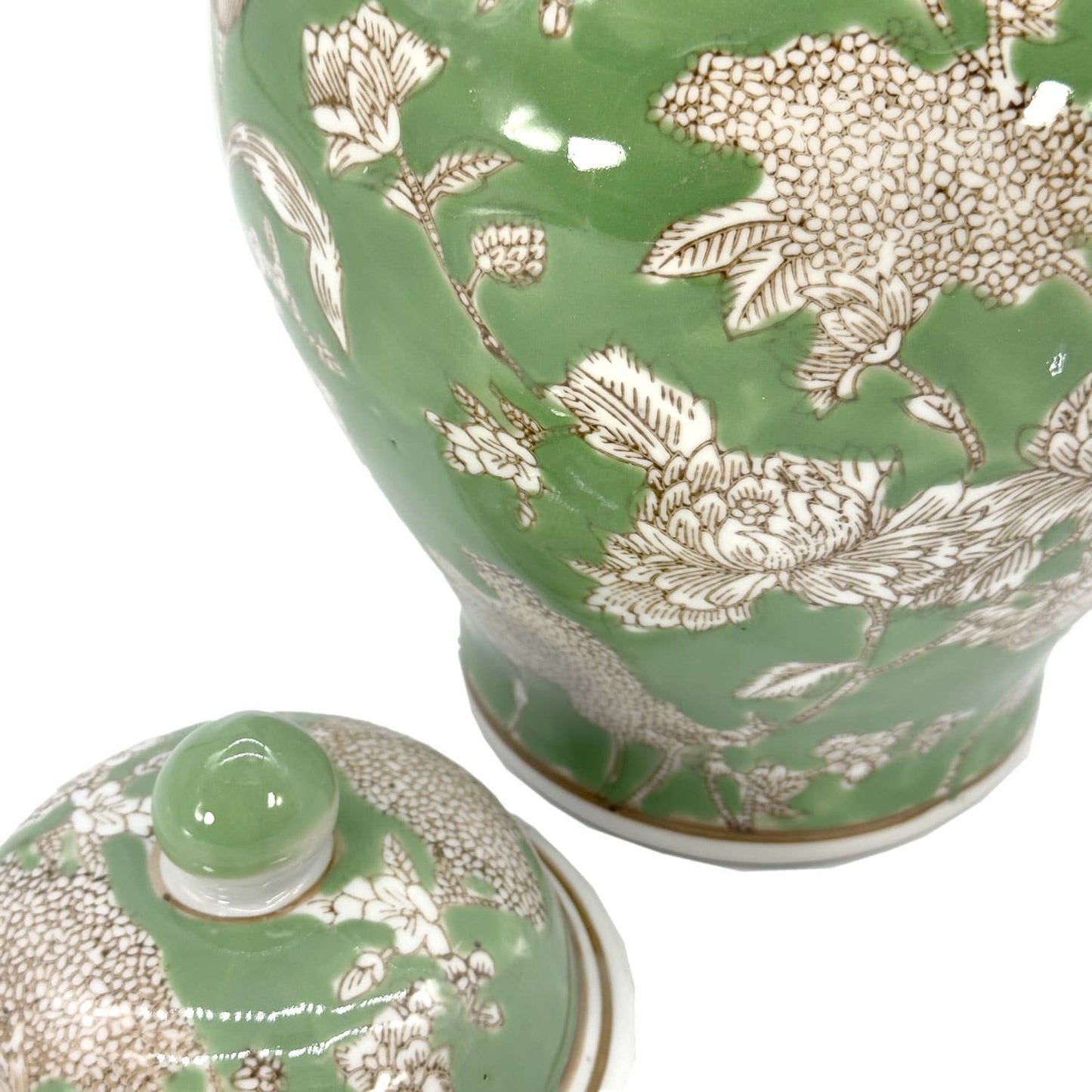 Galt Green & White Floral Peony Ceramic Chinoiserie Jar 12"