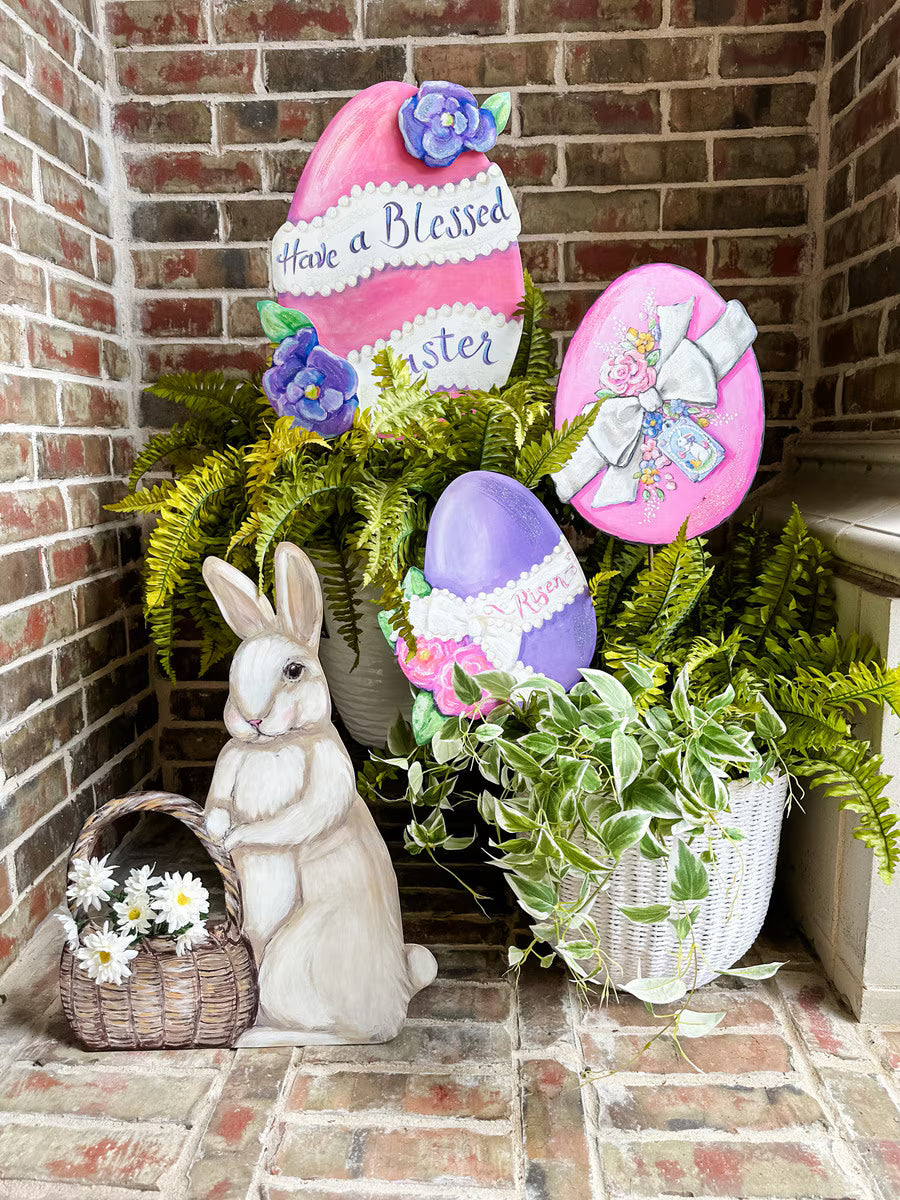 Round Top Metal Display Easter Bunny w/ Basket Pocket