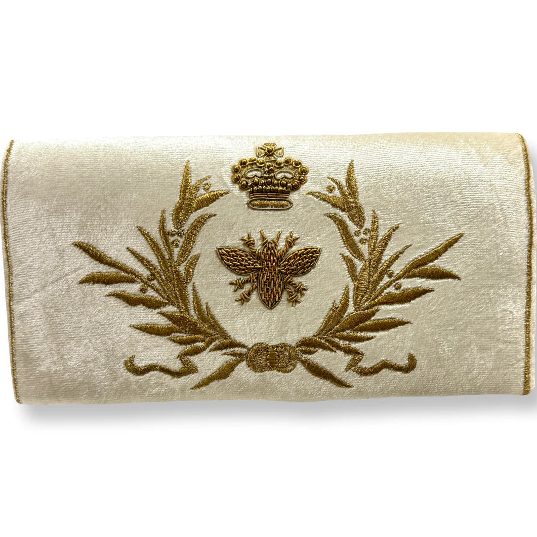 David Jeffery Handbag -Beige Velvet Clutch w/ Embroidered Gold Bee