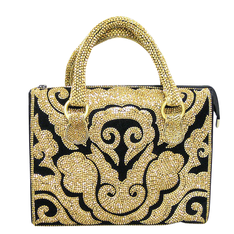 David Jeffery Handbag - Black & Gold Crystals w/Crystal Handle