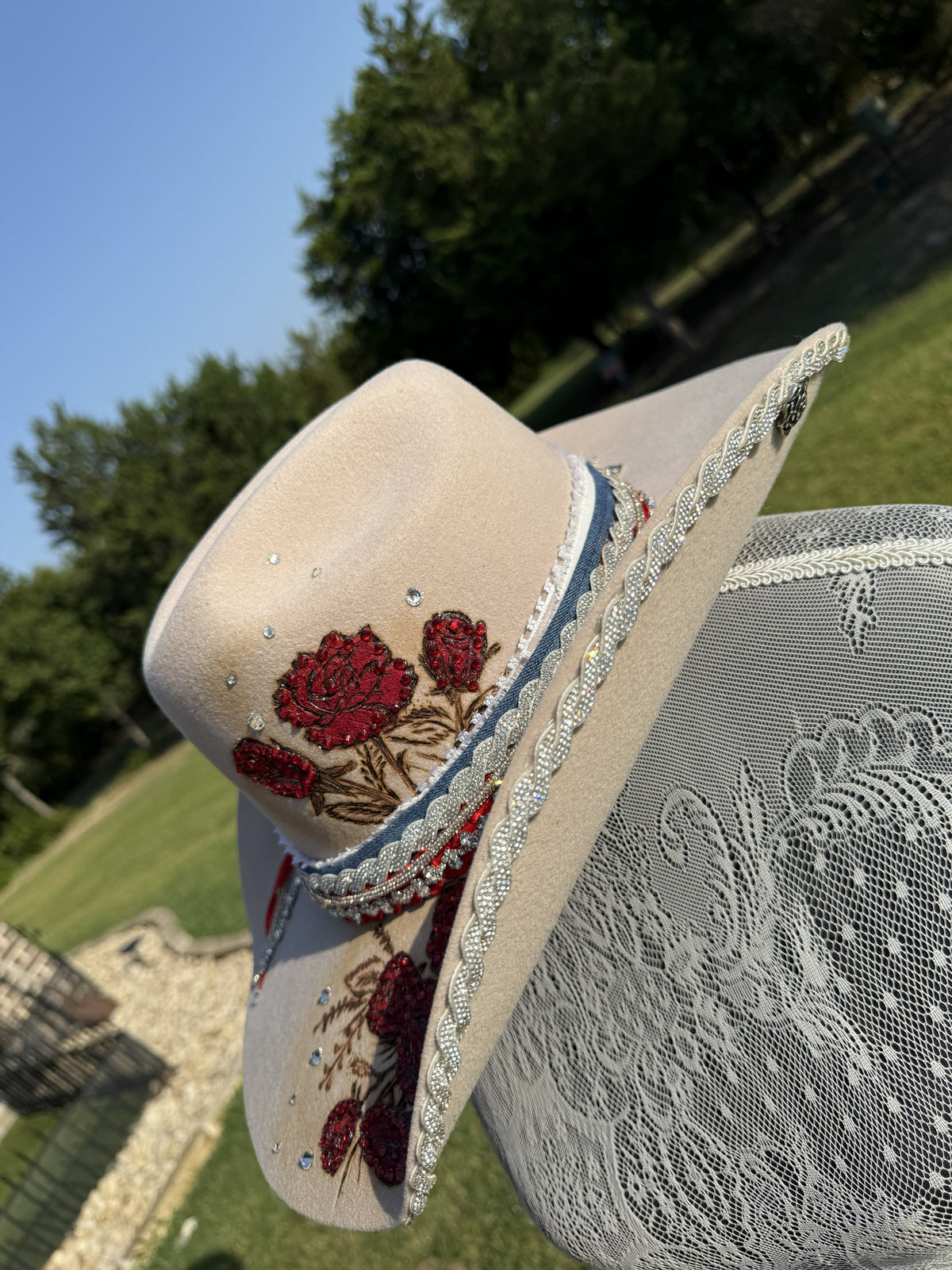 Annie’s Touch Wool Cowgirl Hat- Denim and Roses (Custom Design)