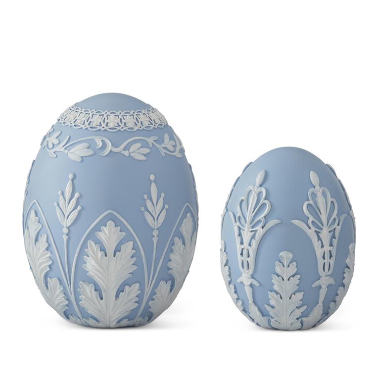 KK Blue & White Filigree Resin Easter Eggs (8.25 & 6.5") Set of 2