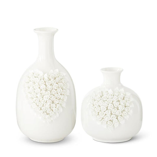 KK White Ceramic Handcrafter Rose Heart Vases (8")