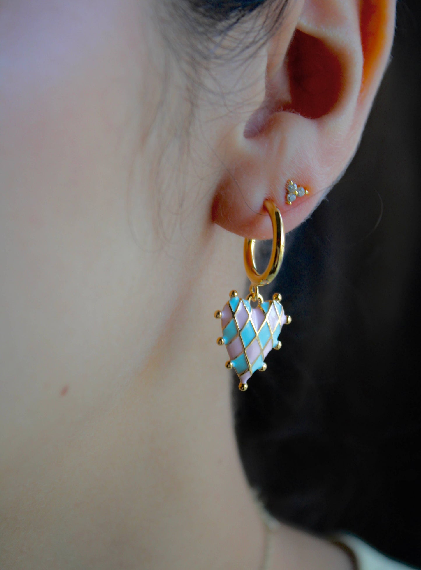 Vivian Grace Pink and Blue Checkerboard Heart Earrings - Gold Vermeil