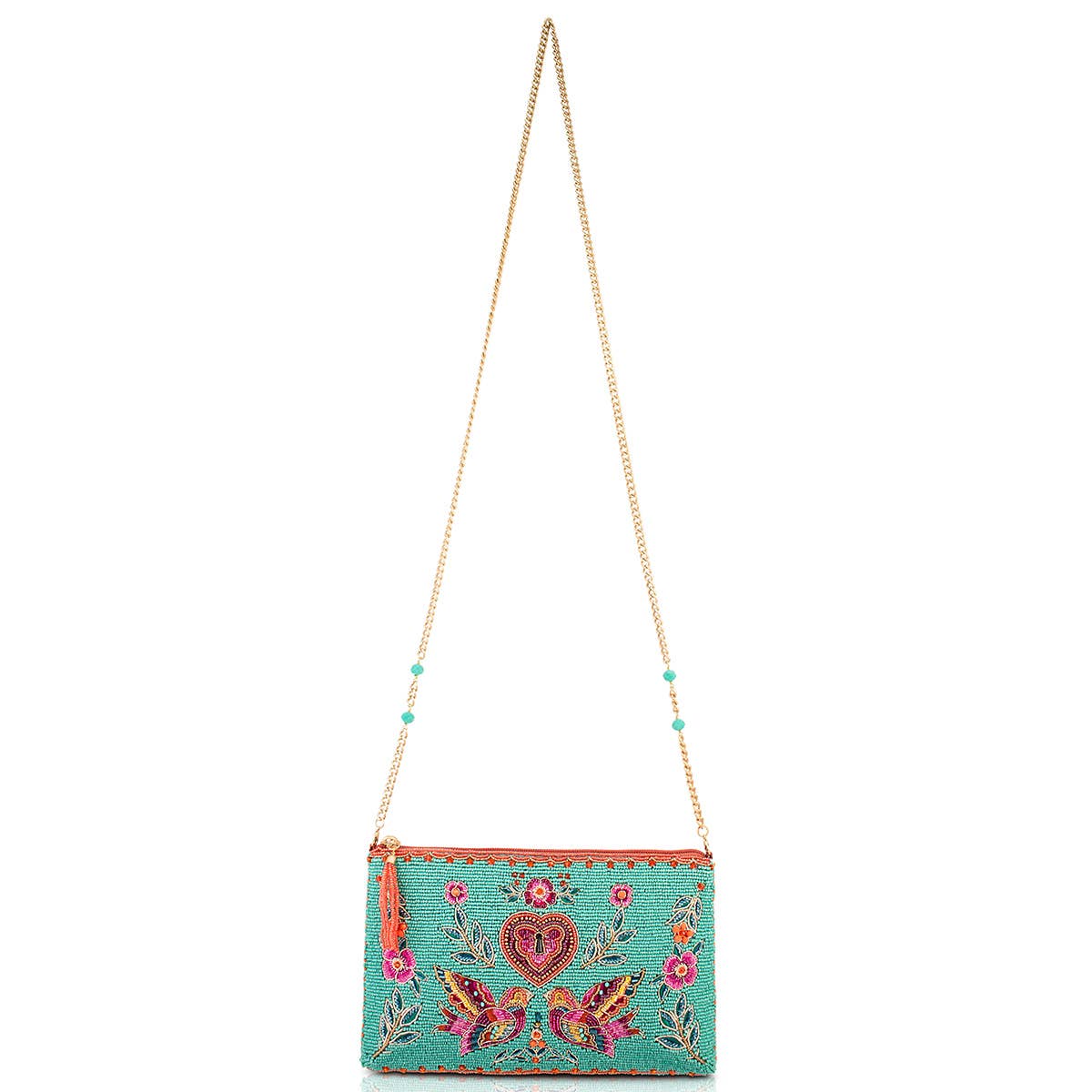 Mary Frances In Love/Lovebirds and Heart on Turquoise Beaded Handbag