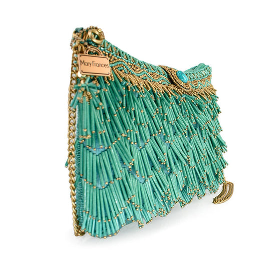 Mary Frances Shimmy, Turquoise Fringe Beaded Crossbody Handbag
