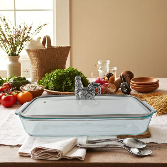 Rooster Lid with Pyrex 3 quart Baking Dish