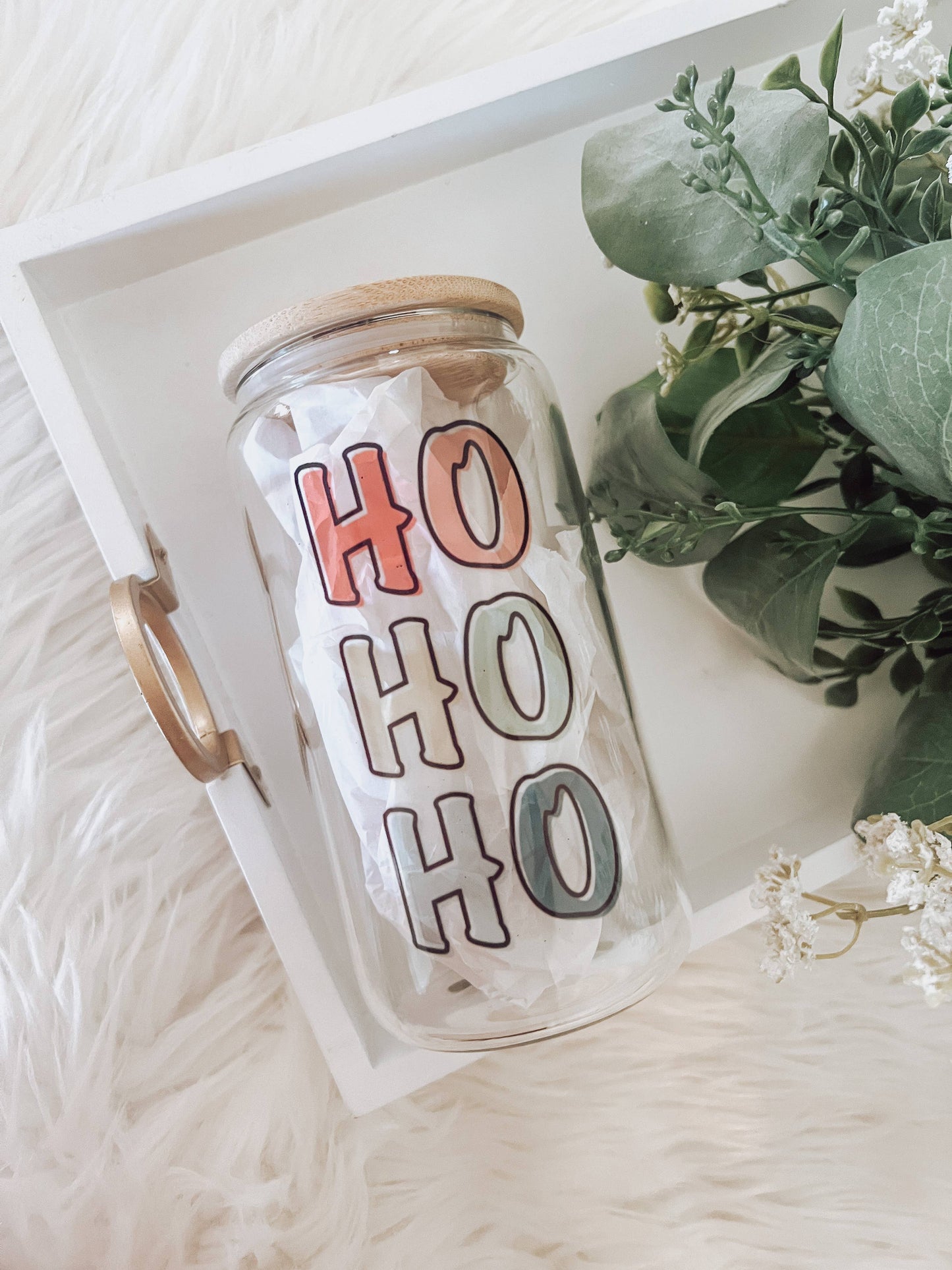 Ho Ho Ho 16 oz Glass Cup with Bamboo Lid