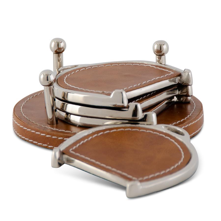 K&K Brown Leather Stitched Horse Bit Coasters, set of 4, 5.75in