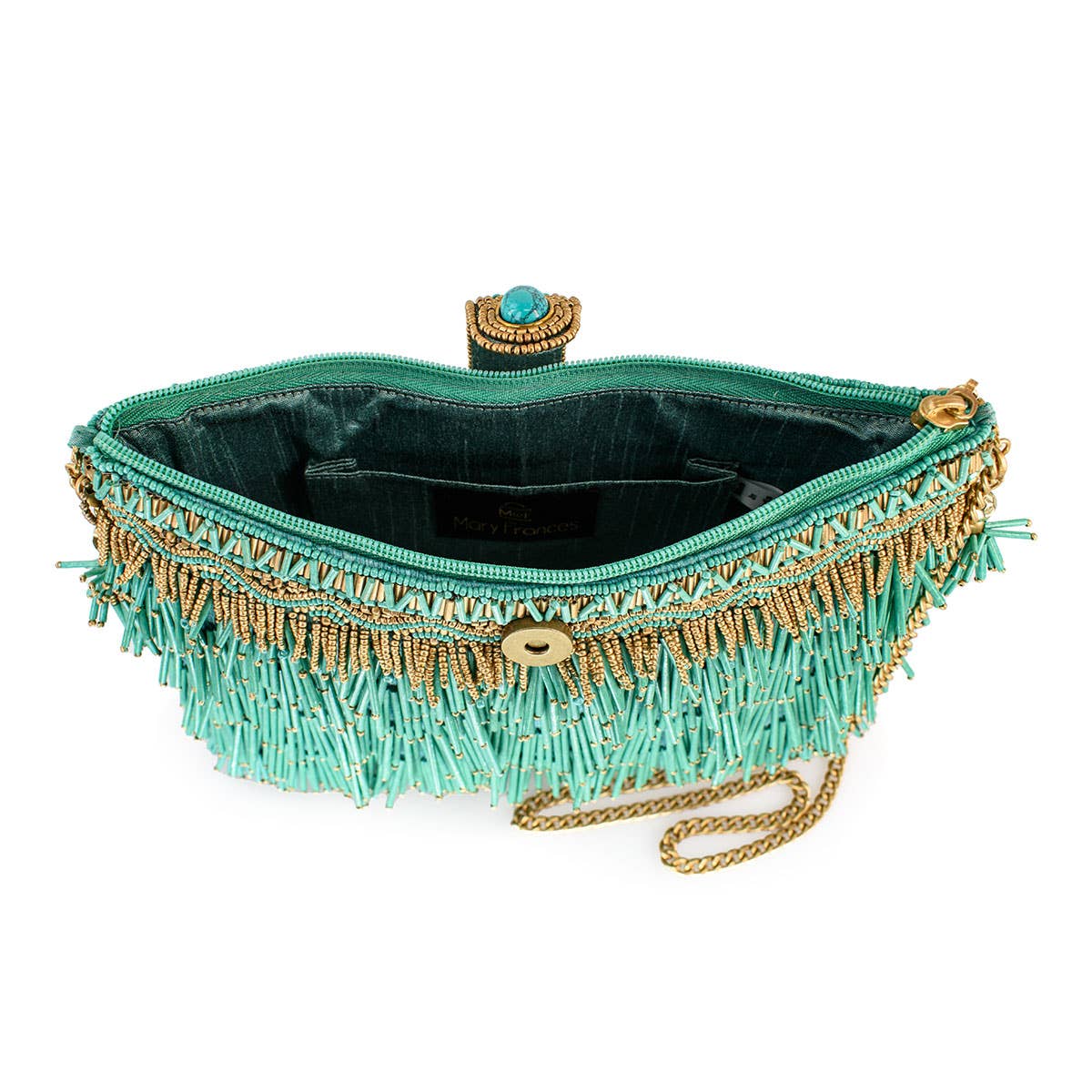 Mary Frances Shimmy, Turquoise Fringe Beaded Crossbody Handbag