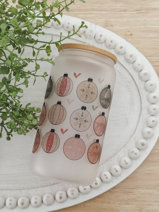 Christmas Ornaments 16oz Glass Cup with Bamboo Lid