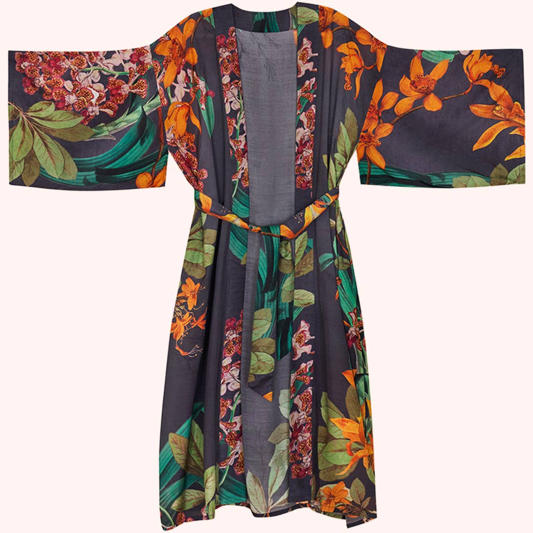 Botany Bliss in Charcoal Kimono Gown, by Powder Designs