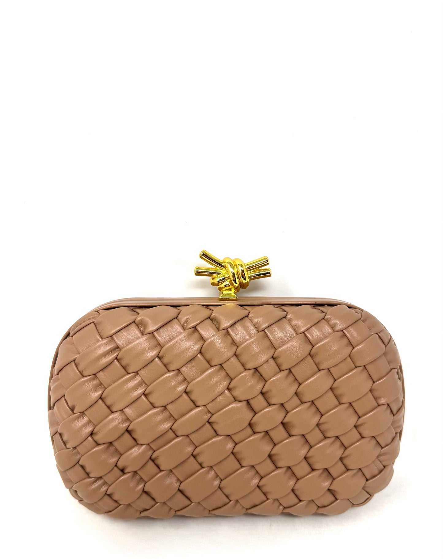 Inzi Leather Woven Clutch with Gold Knot Top Handle