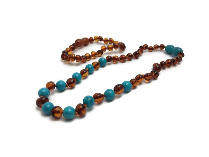 Baltic Essentials Polished Cognac Turquoise Baltic Amber Necklace for Baby, Infant, Toddler, Big Kid.