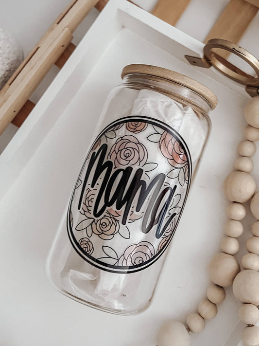 Mama Watercolor Floral 16 oz Glass Cup with Bamboo Lid