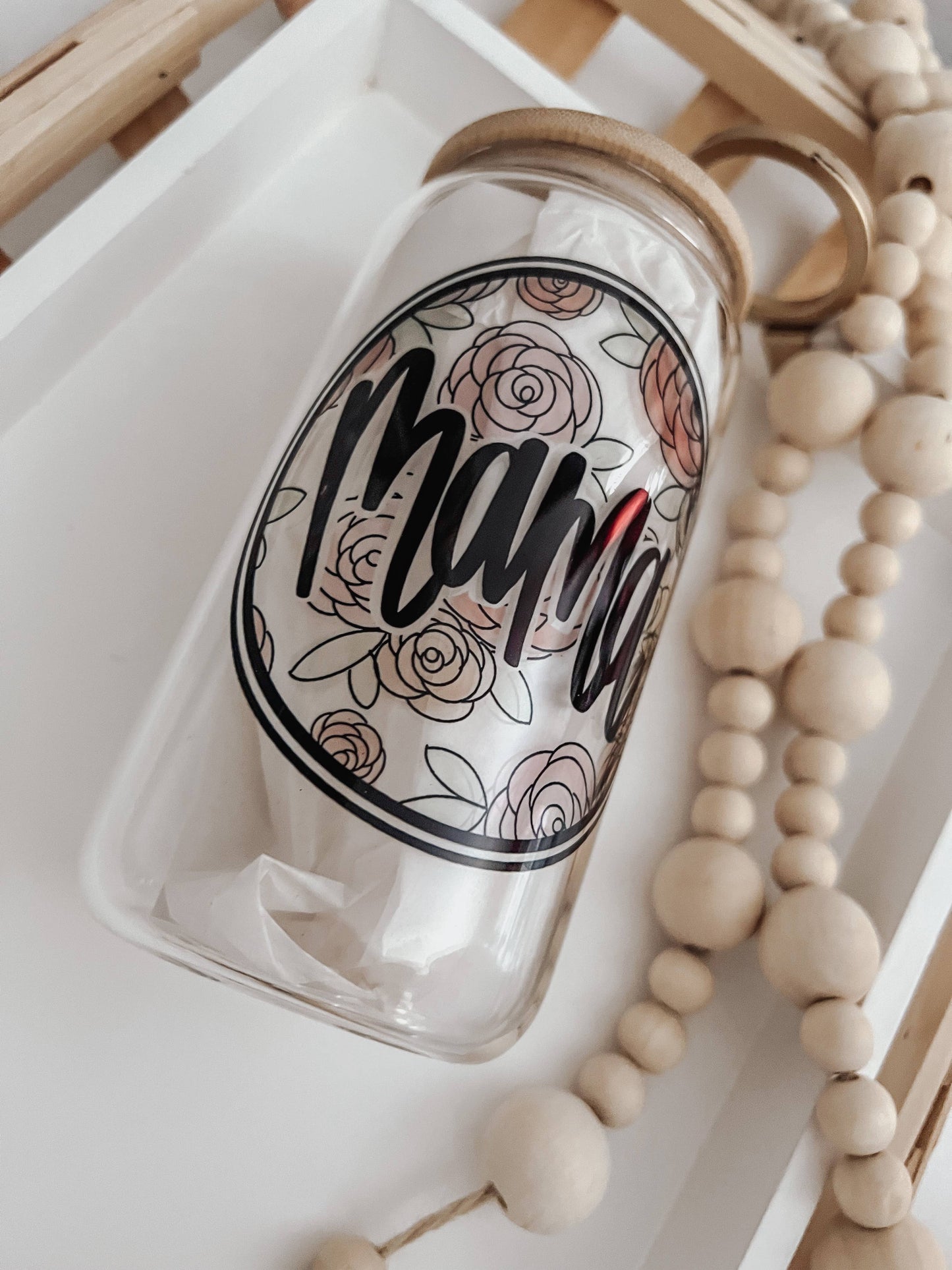 Mama Watercolor Floral 16 oz Glass Cup with Bamboo Lid