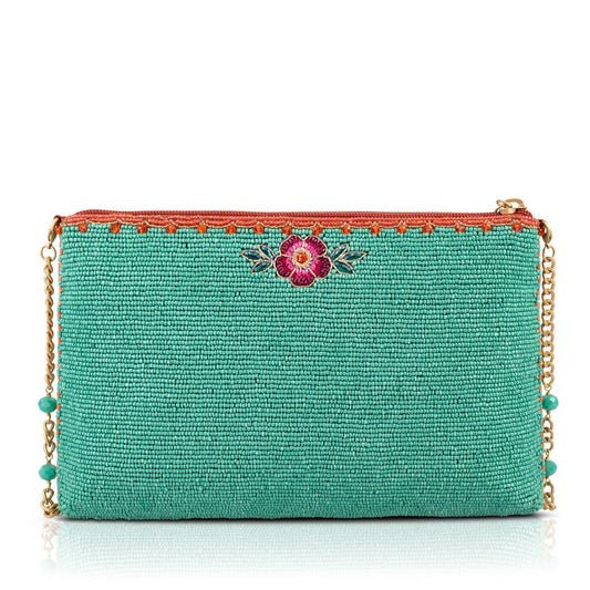 Mary Frances In Love/Lovebirds and Heart on Turquoise Beaded Handbag