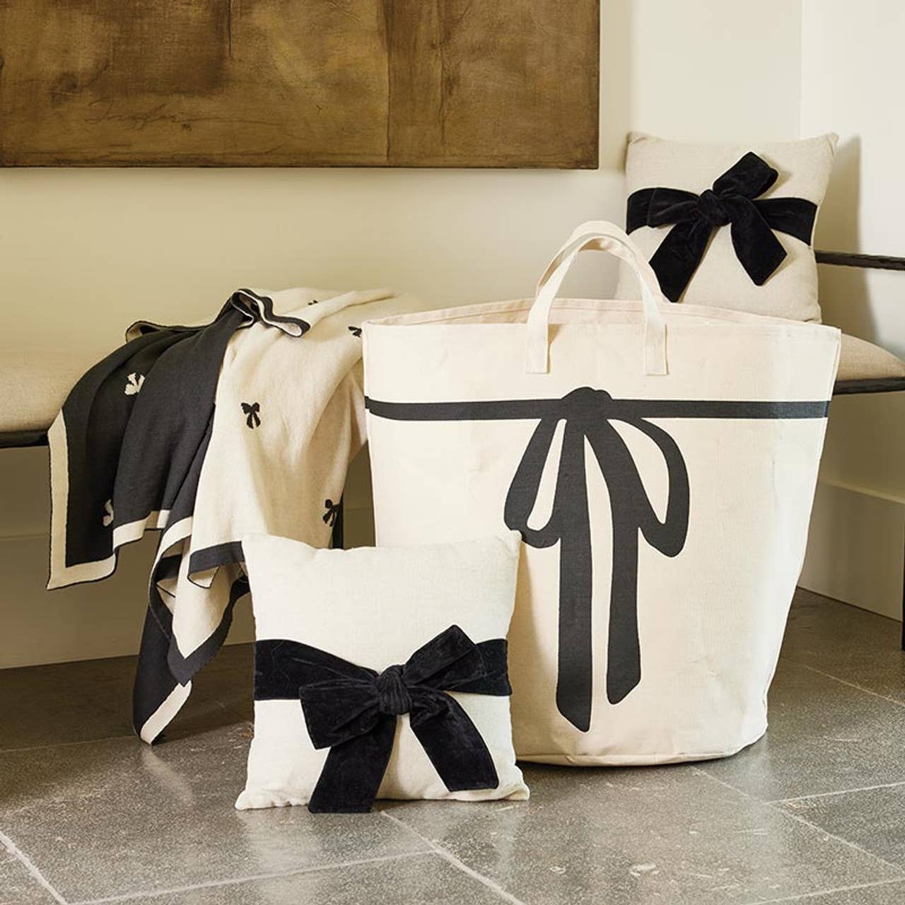 Santa Barbara Velvet Bow Pillow - Cream/Black