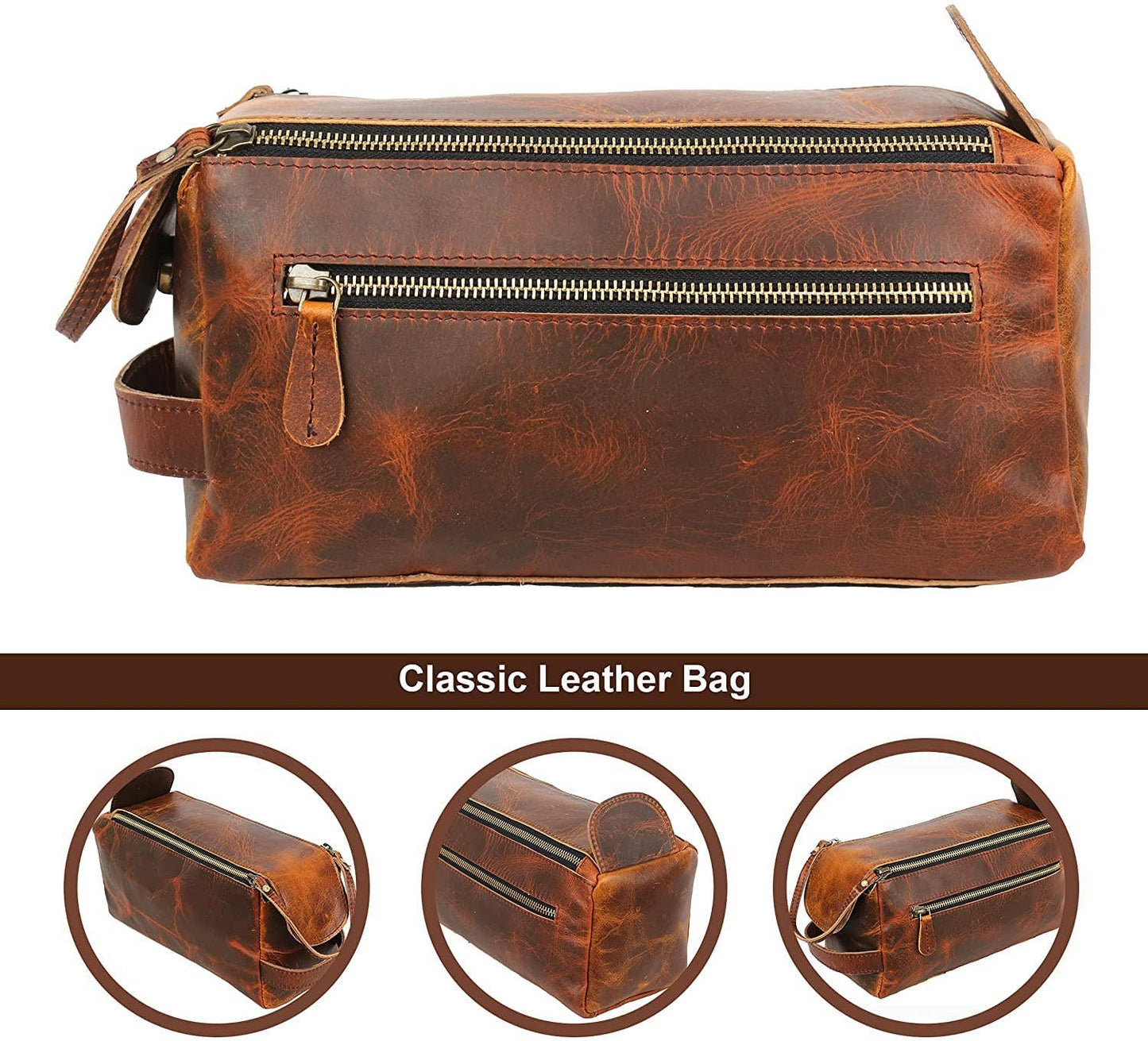 TUZECH Vintage Full Grain Leather Toiletry Bag/Drop Kitt (Dark Brown)