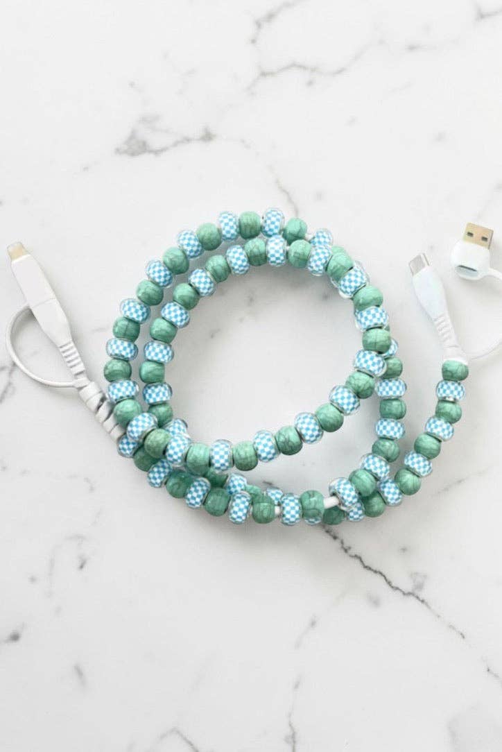 Blue Gingham and Green Beaded Charging Cord